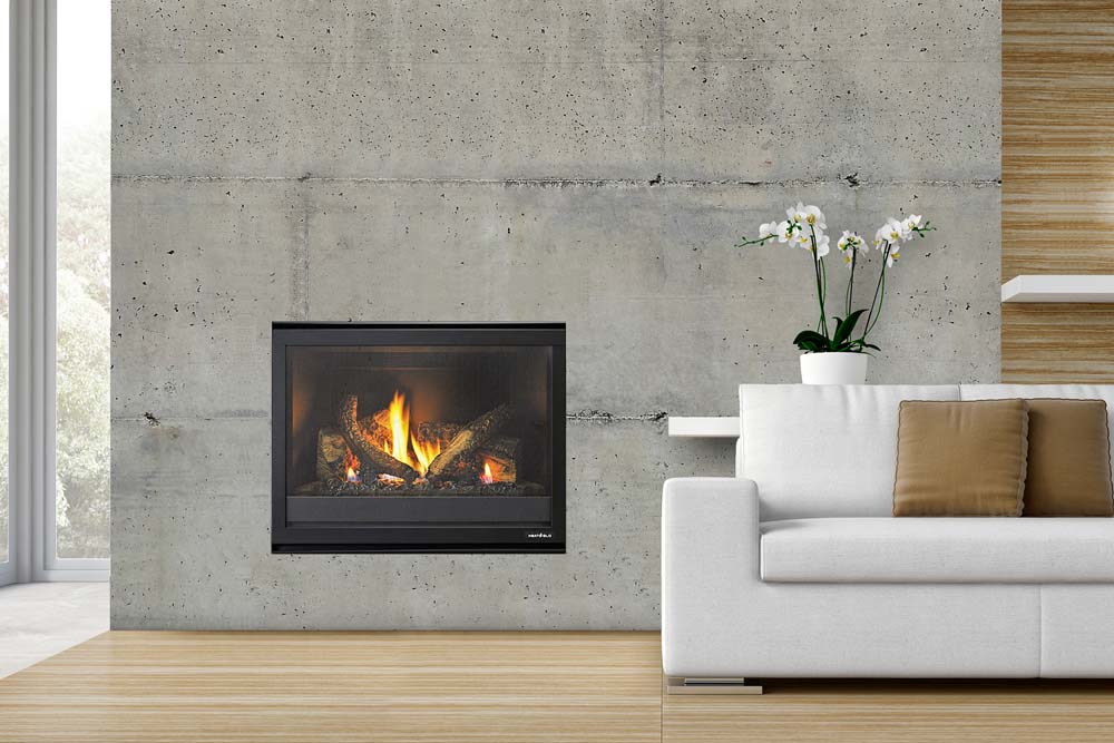 Modern gas log fires for homes with a sleek Heat & Glo 5X fireplace integrated into a cosy living room beside a white couch