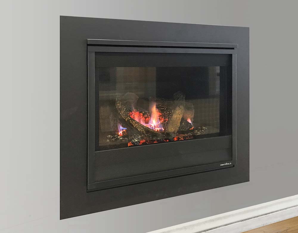 Heat & Glo 5X wood burning stove placed in a corner, an alternative to modern gas log fires for homes with stylish heating