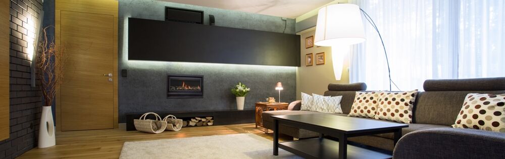 A modern living room with a Real Flame Inspire 900 fireplace and a stylish couch