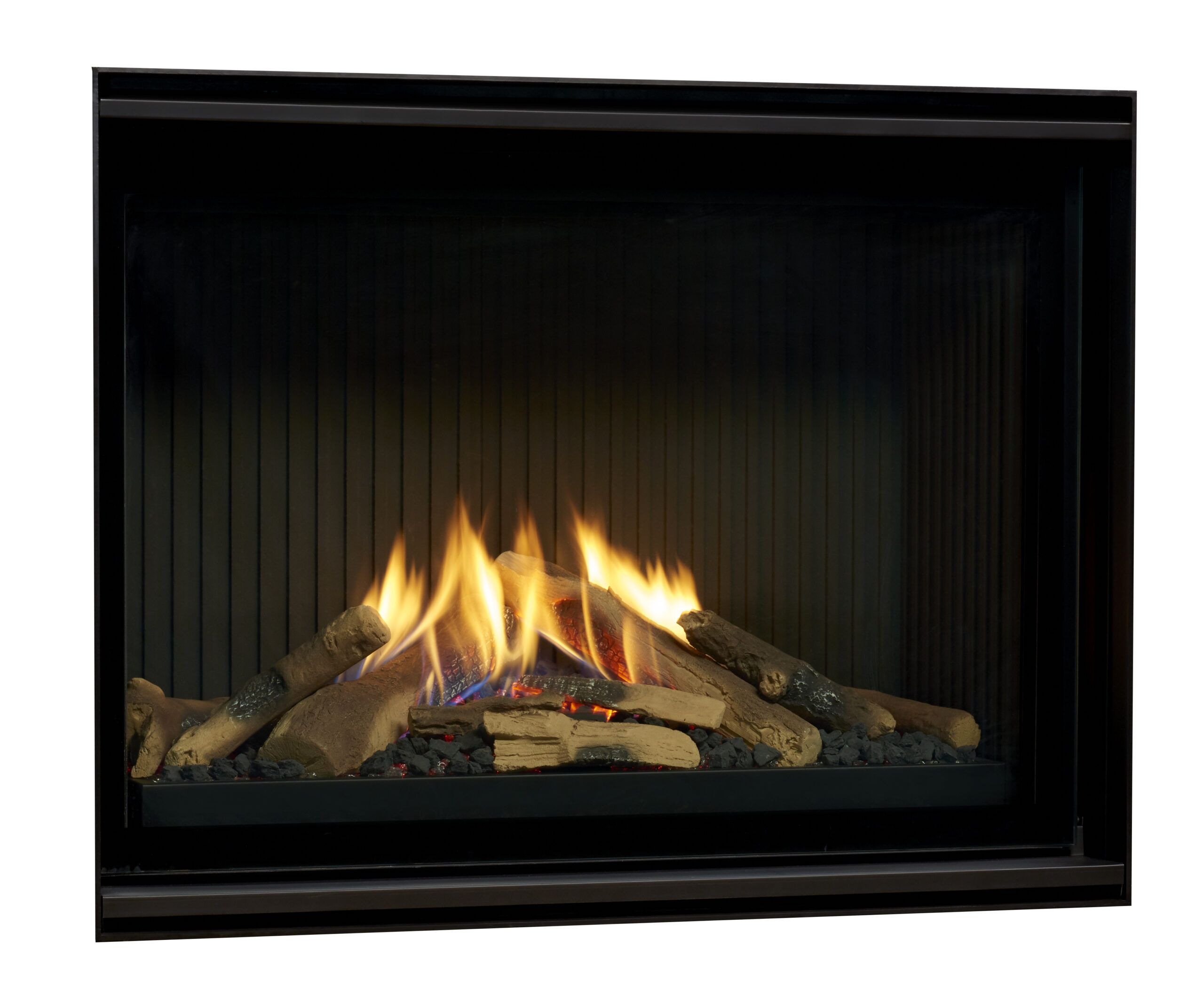 A Real Flame Vektor 900 gas fireplace with realistic logs and vibrant flames, creating a warm and inviting atmosphere indoors