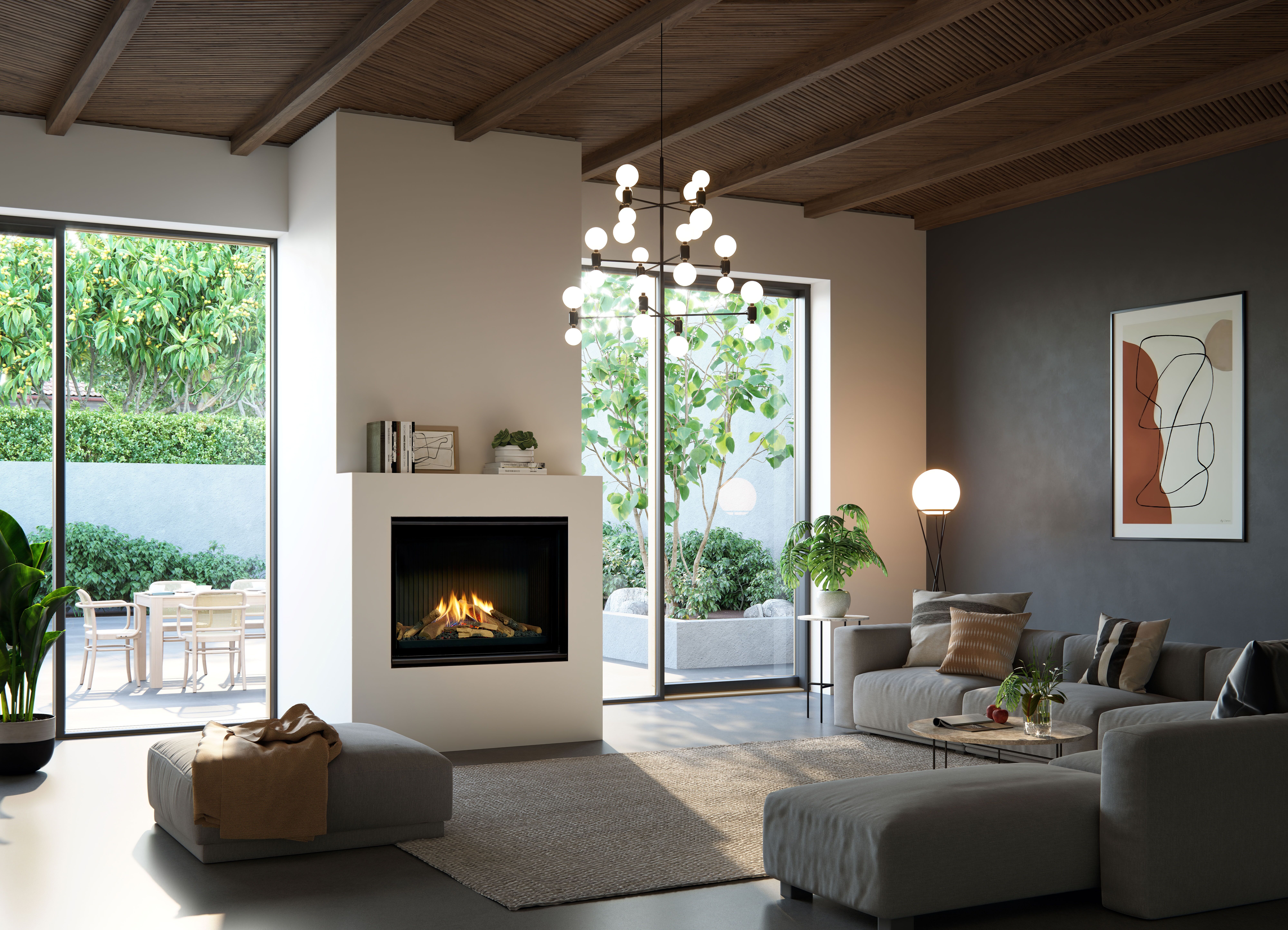 Living room with a Real Flame Vektor 900 gas fireplace and expansive windows for bright, airy ambiance