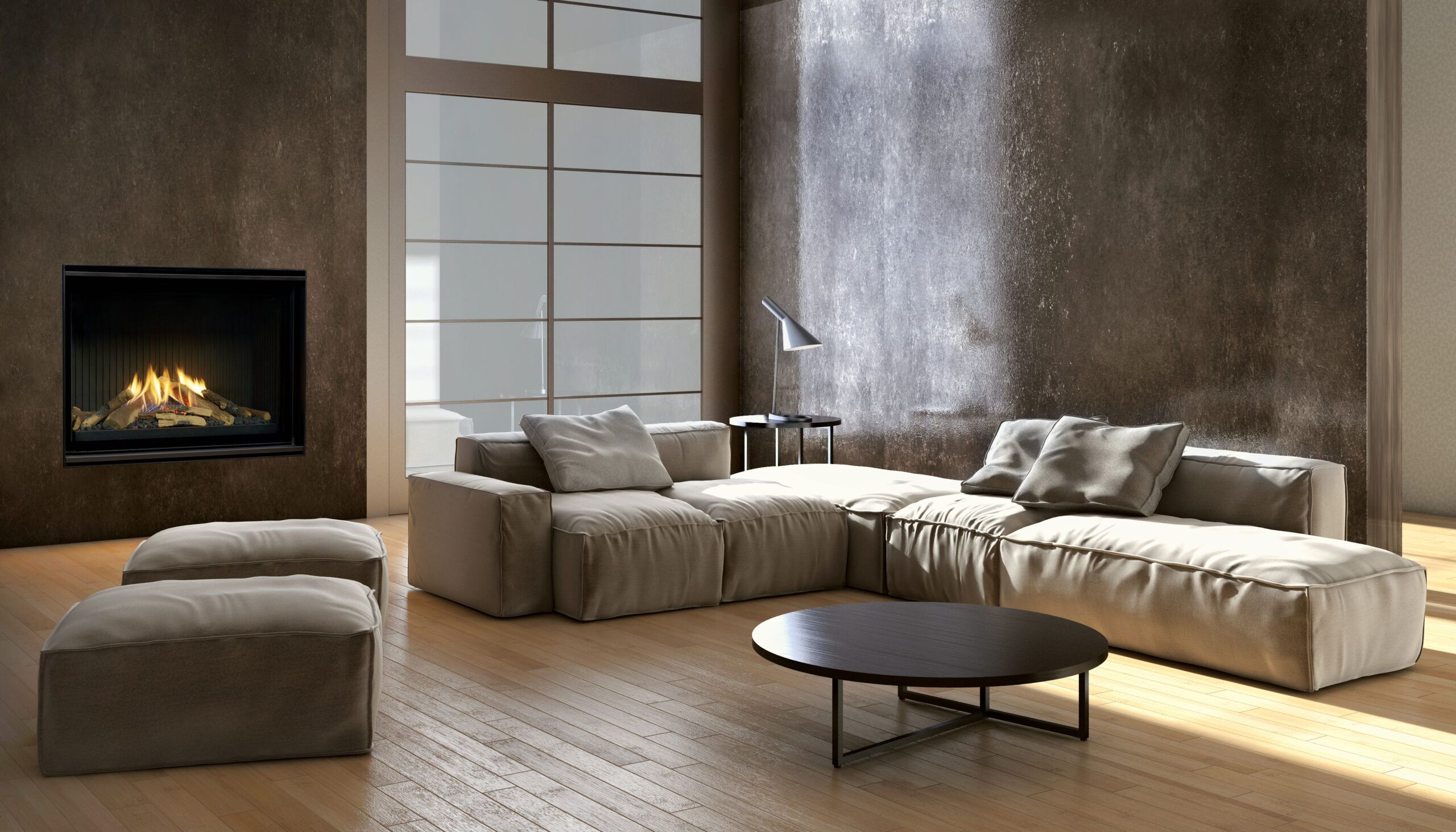 A spacious living room featuring a Real Flame Vektor 900 gas fireplace and a stylish couch