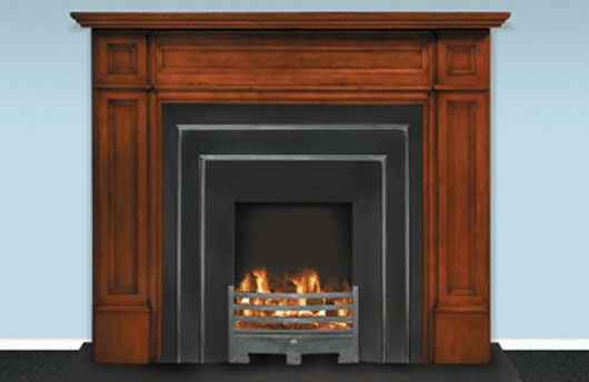 A Real Flame Parliament Mantelpiece with a vivid blue fire glow, showing modern gas log fires for homes in style
