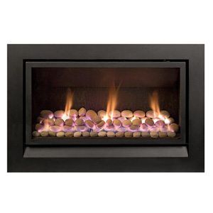 Black Heatmaster Enviro Pebbles 3 gas fireplace with glowing flames, one of the best gas fireplaces for autumn warmth