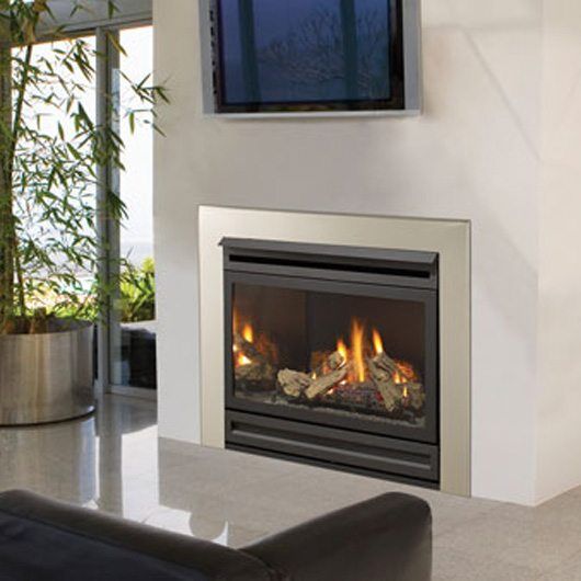 A Regency Panorama PG36 fireplace beneath a wall-mounted TV, offering comfort and the best gas fireplaces for autumn warmth