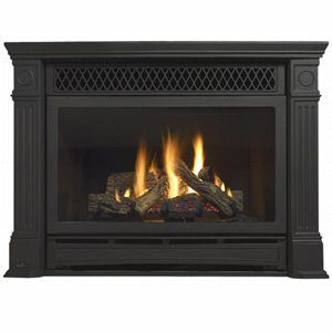 Black Regency Panorama PG36 gas fireplace with realistic logs, one of the best gas fireplaces for autumn warmth