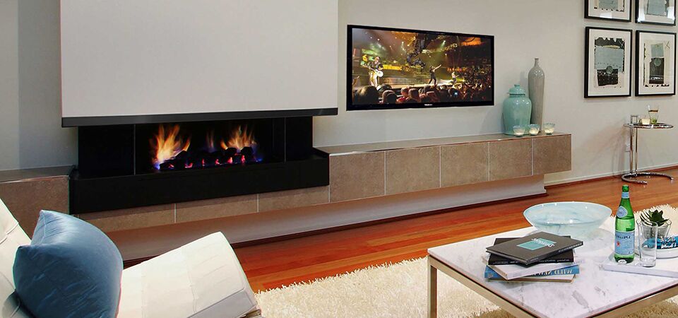 A cosy living room with a Horizon Cantilever fireplace, creating warmth and comfort, ideal for the best gas log heaters for autumn