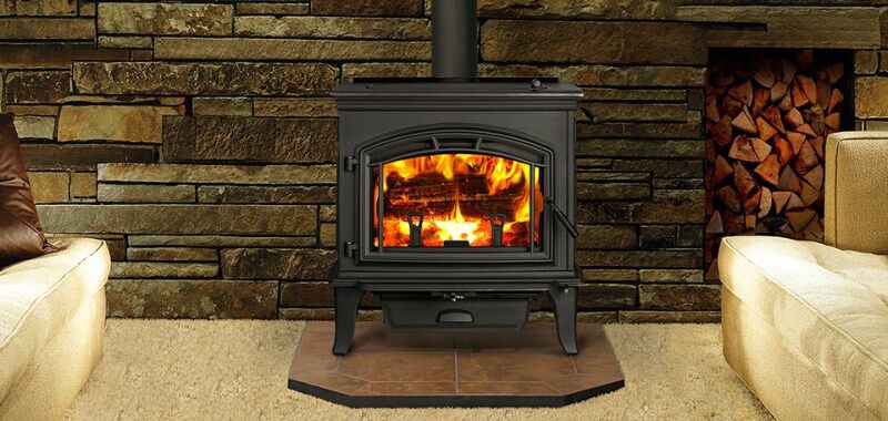 A Quadra-Fire Explorer III wood stove placed in a cosy living room, offering the best wood heaters for autumn