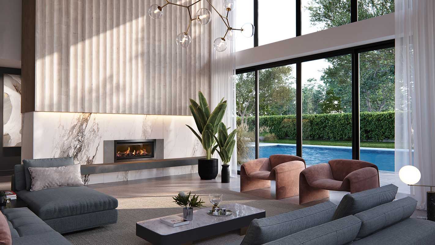 Stylish living room showcasing a Real Flame Element 900 gas fireplace and large windows that enhance the space's brightness