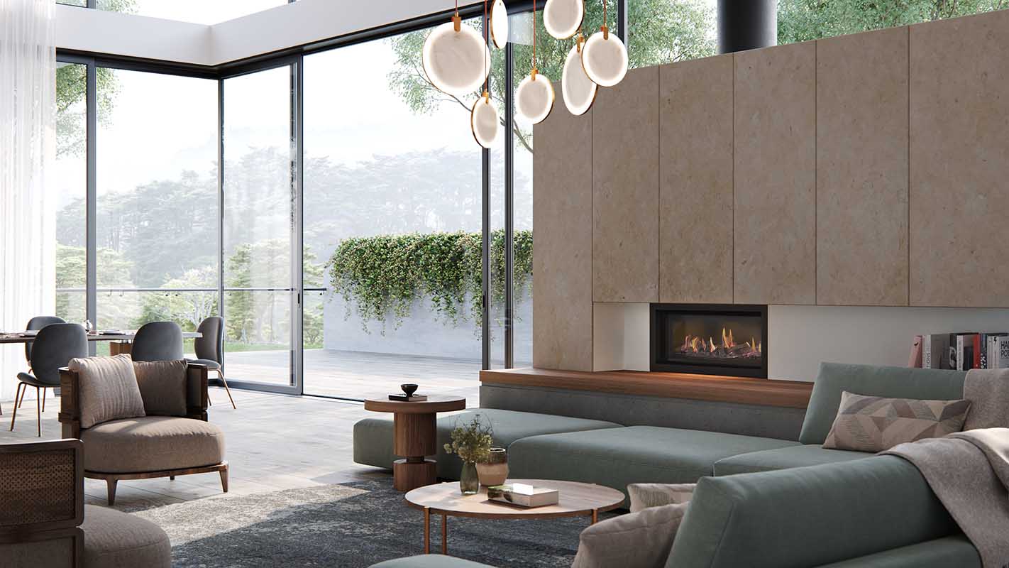 Contemporary living room with a Real Flame Element 900 gas fireplace and expansive windows for bright, airy ambiance