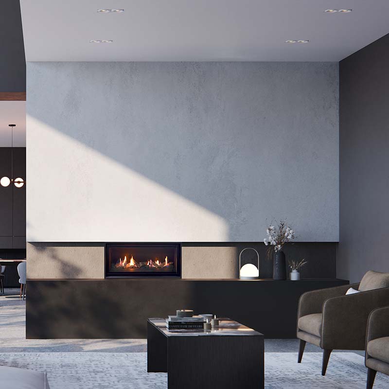 A modern living room with a Real Flame Element 900 gas fireplace and a stylish sofa