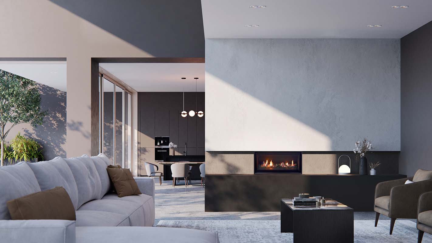 A modern living room with a Real Flame Element 900 gas fireplace and a stylish sofa
