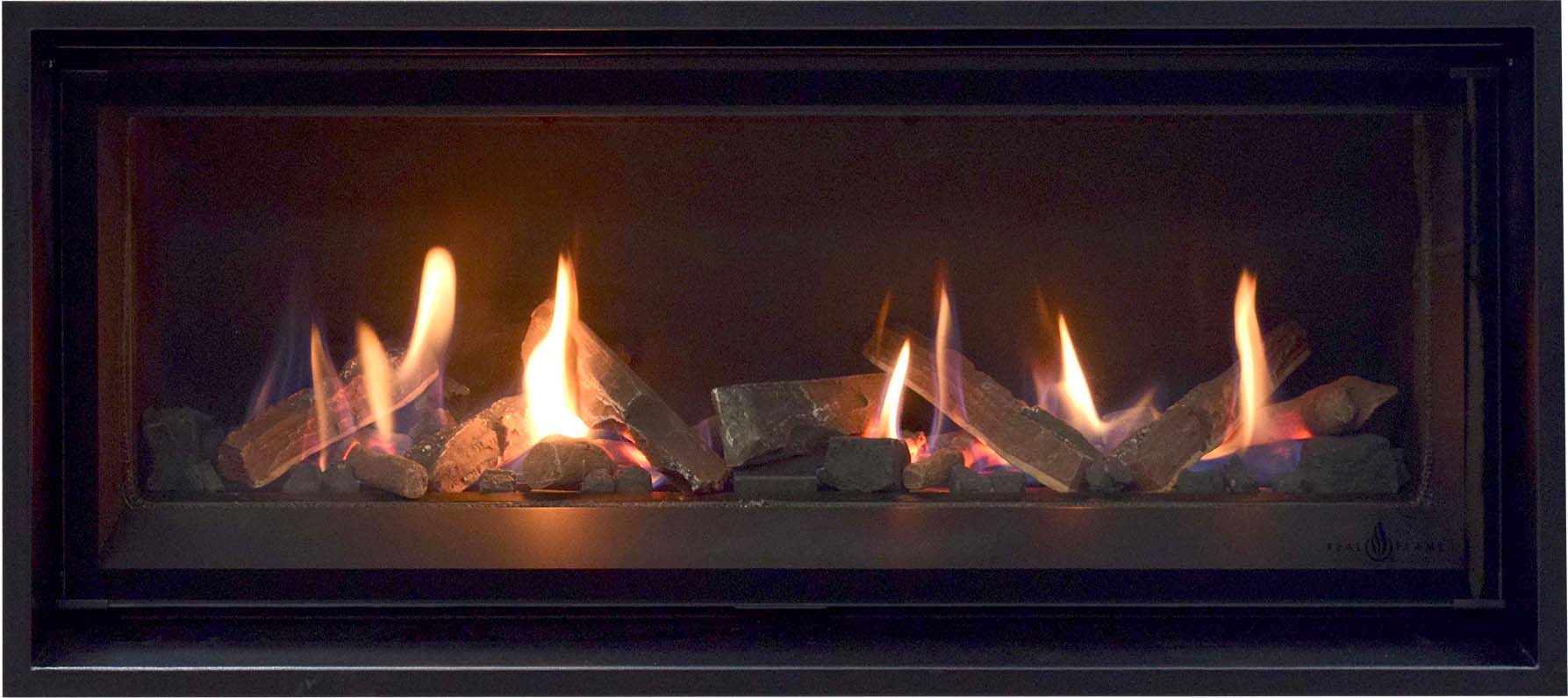 A Real Flame Element 900 gas fireplace with vibrant flames dancing in the hearth, creating a warm ambiance