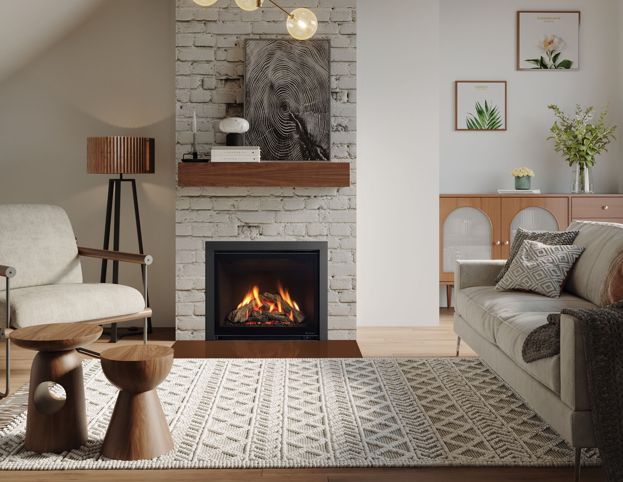 Regency Greenfire™ Infusion GFI750 warms a homey living room, creating a welcoming atmosphere