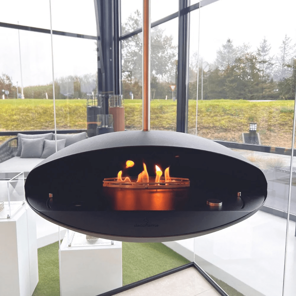 Efficient Electric Connected BEV Fireplaces for homes - Decoflame Espoo Net Zero Suspended Ceiling Fireplace