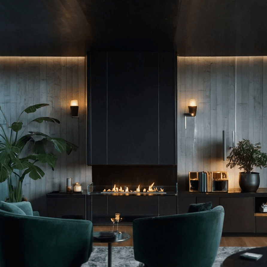 Decoflame Net Zero Emission F3 Bioethanol Fireplace Insert in a dimly lit room