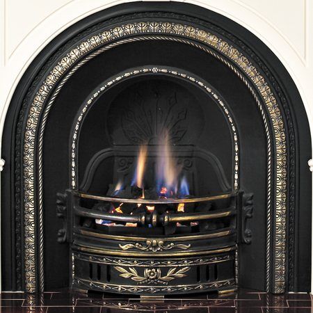 Real Flame Magiglo gas fireplace with black marble surround and ornate details, one of the best gas fireplaces for autumn warmth