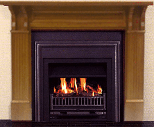 A Real Flame Adelaide Federation Mantelpiece fireplace with wooden mantel and glowing fire, one of the best gas fireplaces for autumn warmth