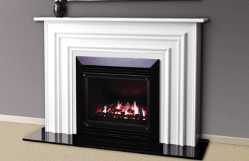 A white fireplace with a black Real Flame Bouvier mantelpiece, adding warmth and style with modern gas log fires for homes