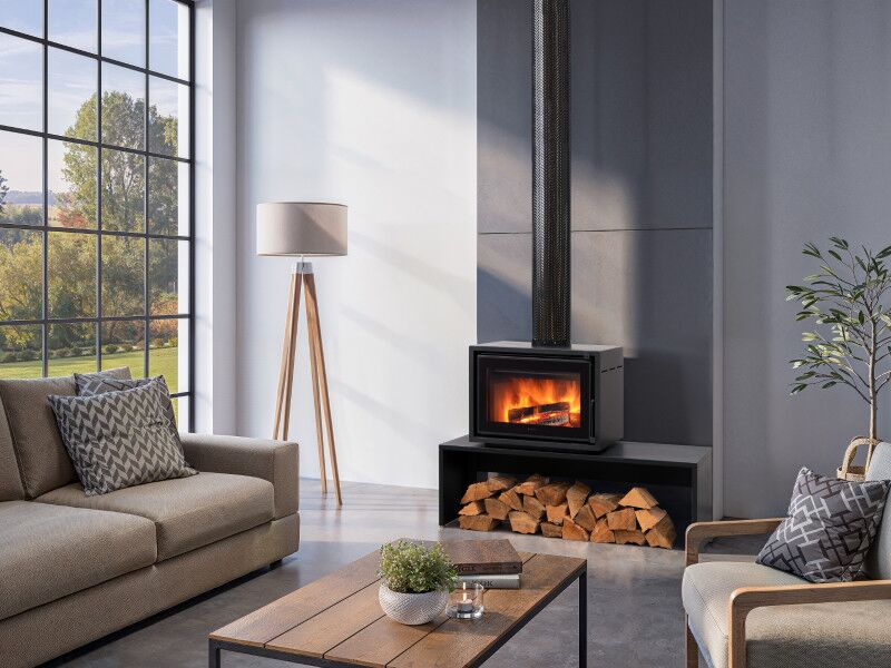 A chic living room with a wood-burning stove, reflecting the sophistication of Regency Bondi Wood Heater Freestanding aesthetics