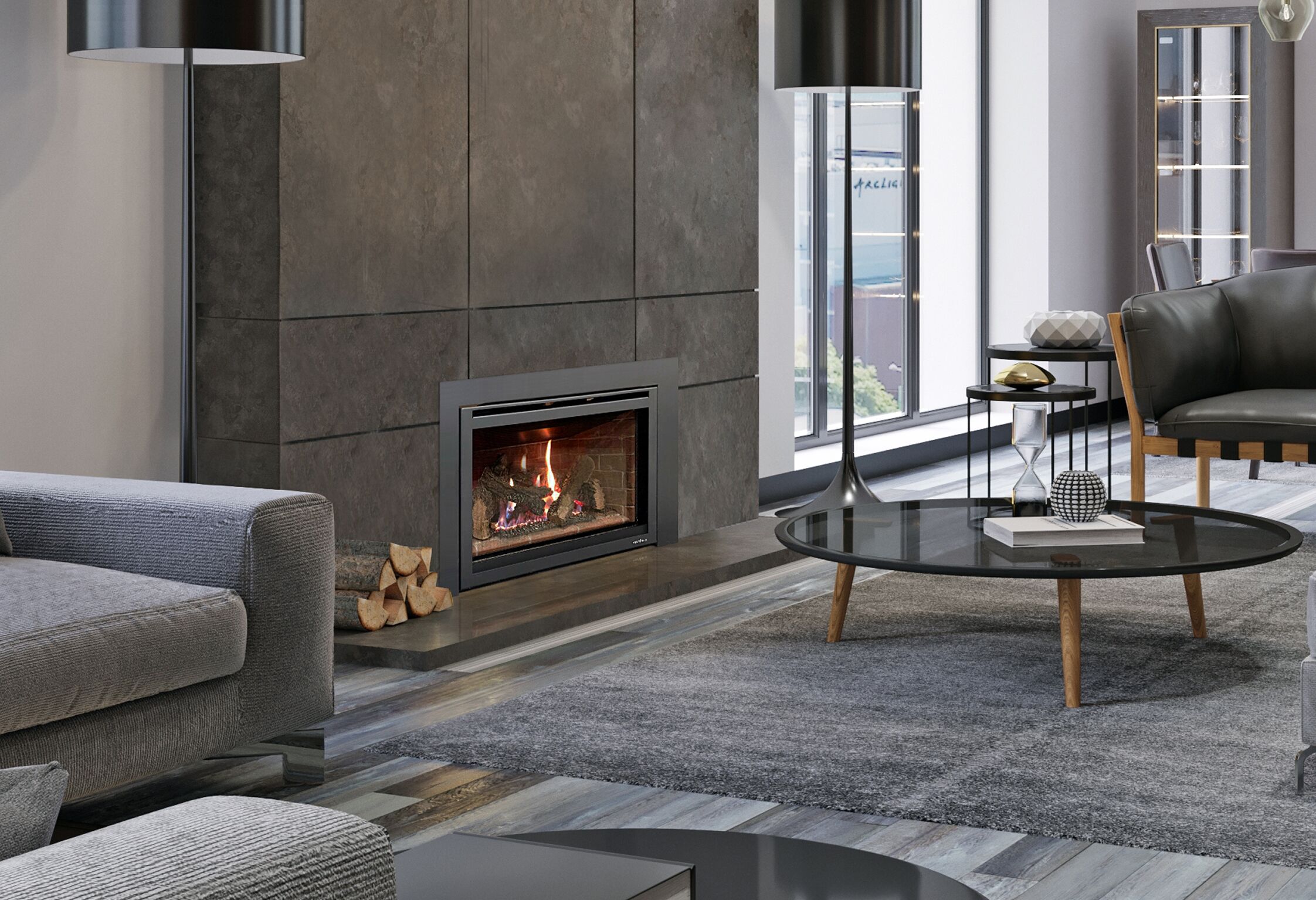 Modern gray living room with aesthetic sofa set and center table warmed by Supreme 125X Gas Fire for a comfortable ambiance