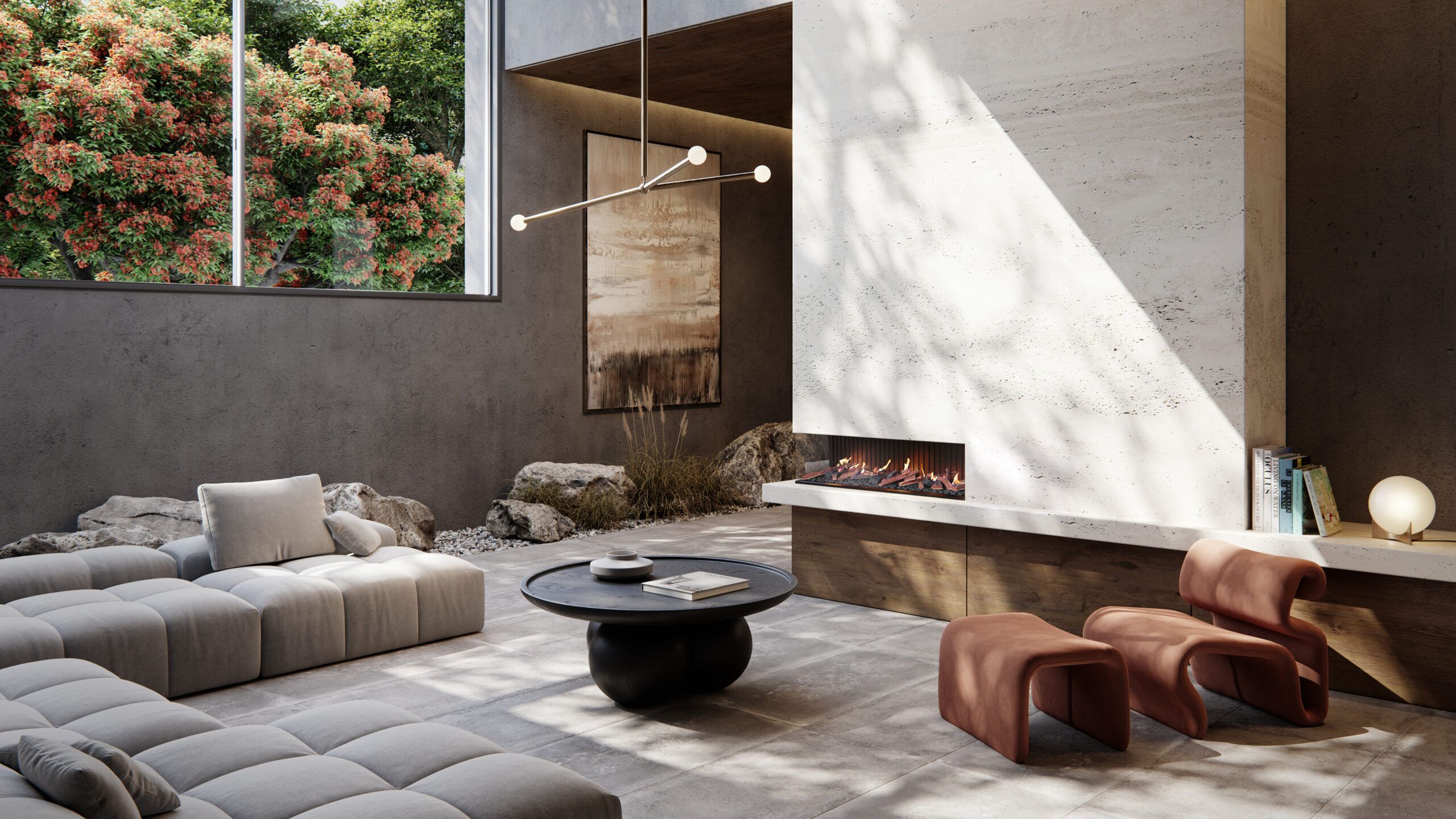 A living room with a Real Flame Nuvo 1200 Gas Fireplace and large windows for bright ambiance