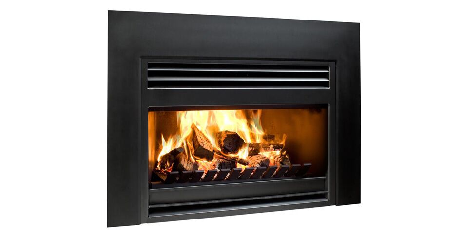 A black Open Wood fireplace with a warm glowing fire inside, one of the best wood heaters for autumn to keep your home cosy and inviting