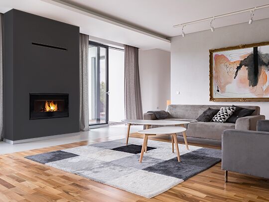 A living room with a Visionline Taurus wood fire, complemented by a warm wooden floor and inviting decor