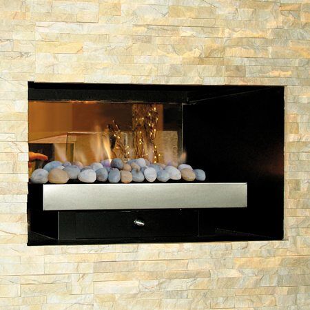 Modern gas log fires for homes with a Real Flame Double Vision fireplace, stone exterior, and sleek glass door design
