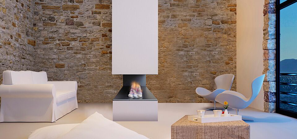 Elegant living room with a white couch and Horizon 3 Sided Fire creating a cosy ambiance using modern gas log fires for homes