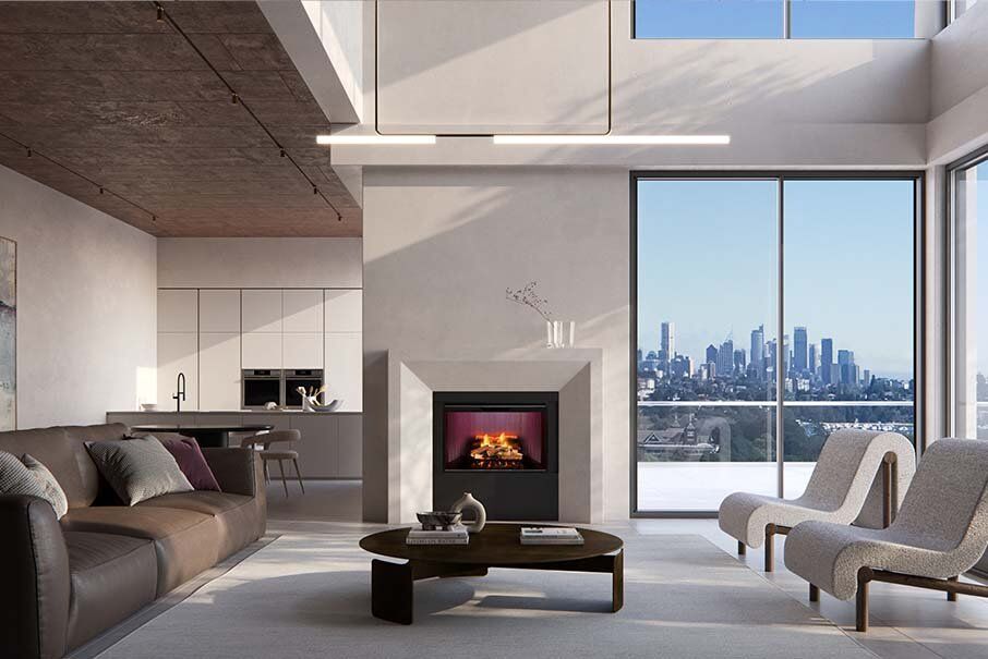A living room with a Real Flame EVO fireplace and large windows, creating a bright and inviting atmosphere