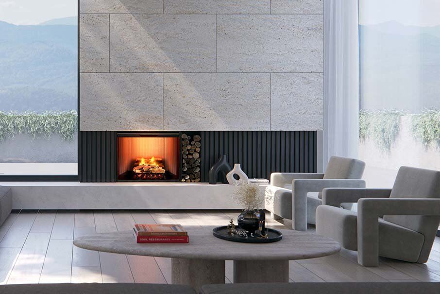 A modern living room with a Real Flame Evo electric fireplace and a stylish couch, creating a cozy atmosphere