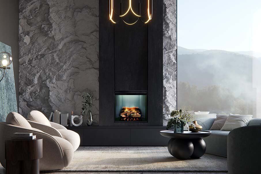 Cosy living room with a Real Flame EVO Electric Fire set against a large stone wall, adding warmth and inviting ambiance