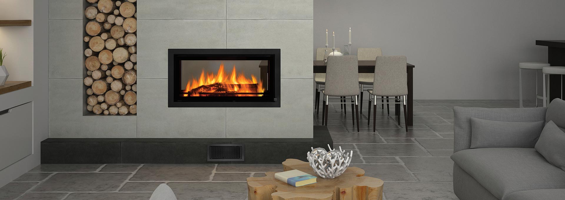 Regency Mansfield wood heater in a modern living room with logs, providing warmth and comfort, one of the best wood heaters for autumn