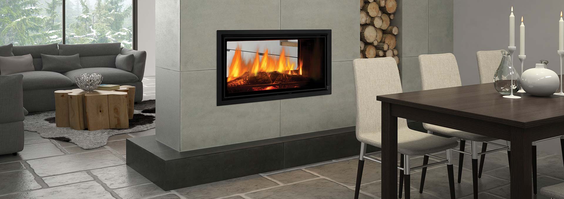 Stylish living room featuring a modern Regency Mansfield wood fireplace positioned between the dining and living areas, creating a cosy and inviting atmosphere, one of the best wood heaters for autumn