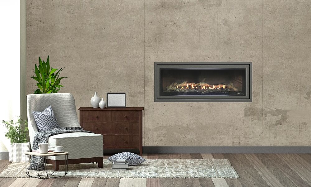 A Heat & Glo SLR-X fireplace in a stylish living room, a modern gas fireplaces for home heating