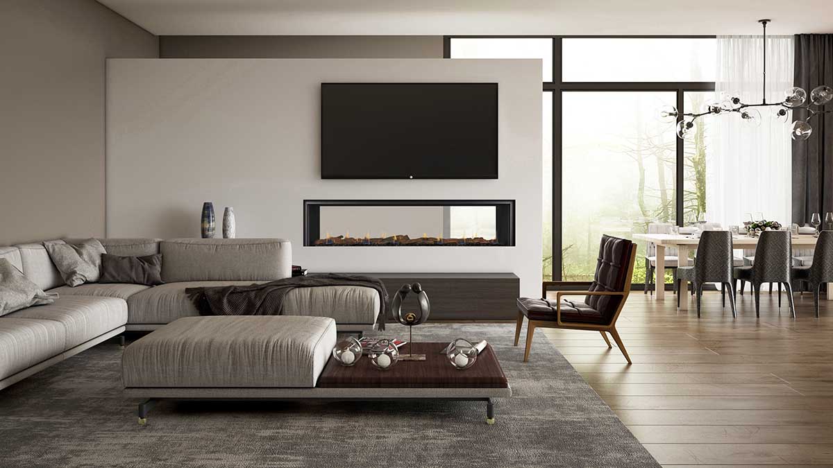 A living room with a Real Flame Element 1800 DS Gas Fire and a large television on the wall