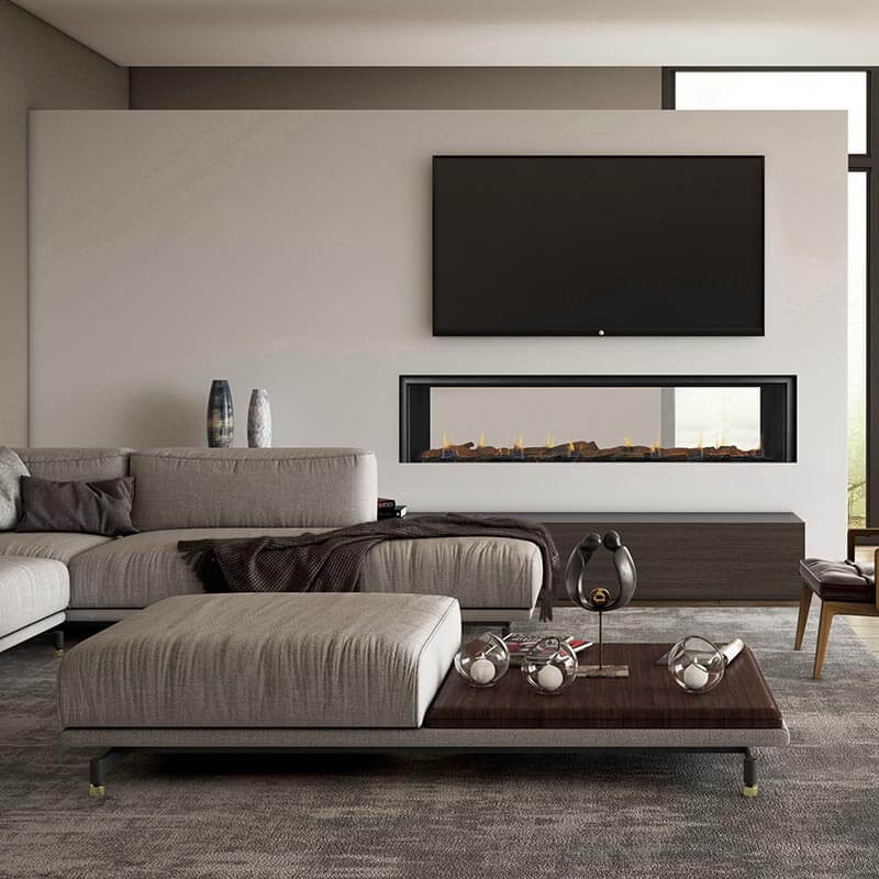 A living room with a Real Flame Element 1800 DS Gas Fire and a large television on the wall