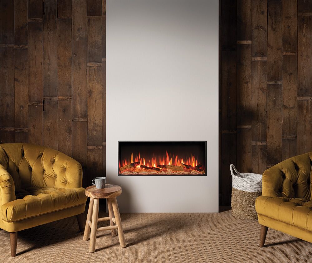 Regency eStudio ES85R electric fireplace installed in a cosy room with bright yellow chairs and a warm, inviting atmosphere