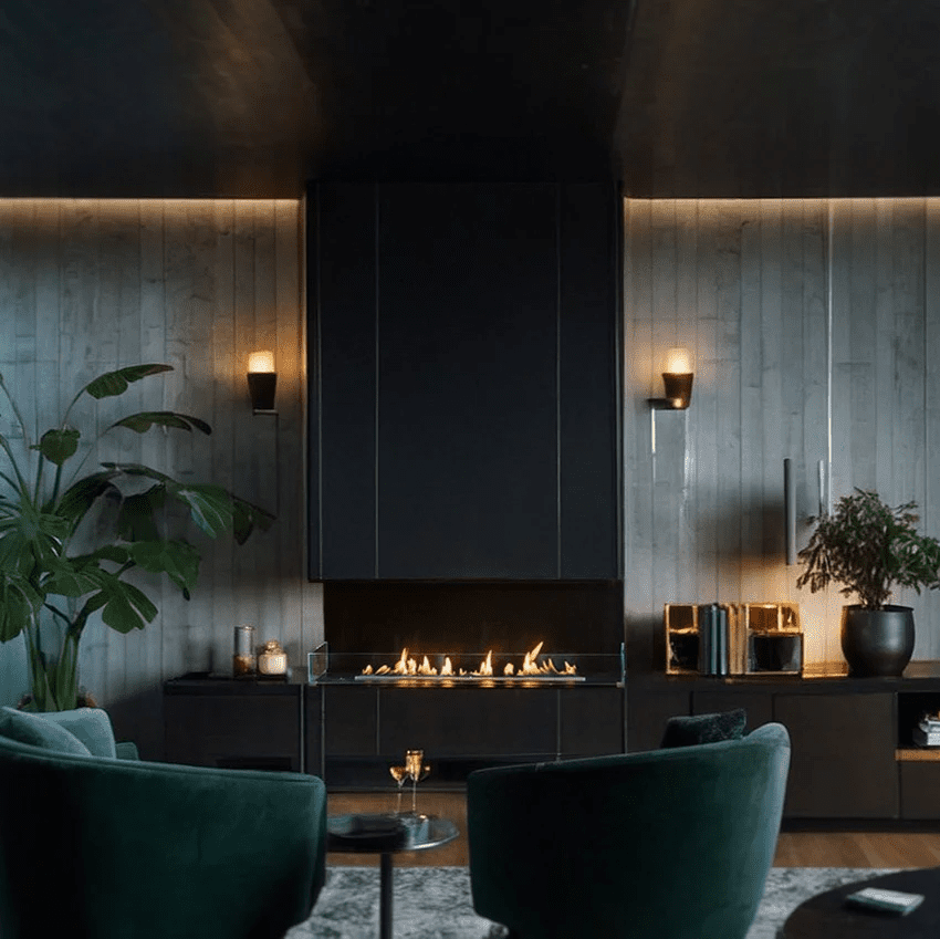 Decoflame Net Zero Emission F6 Bioethanol Fireplace Insert in a dimly lit room