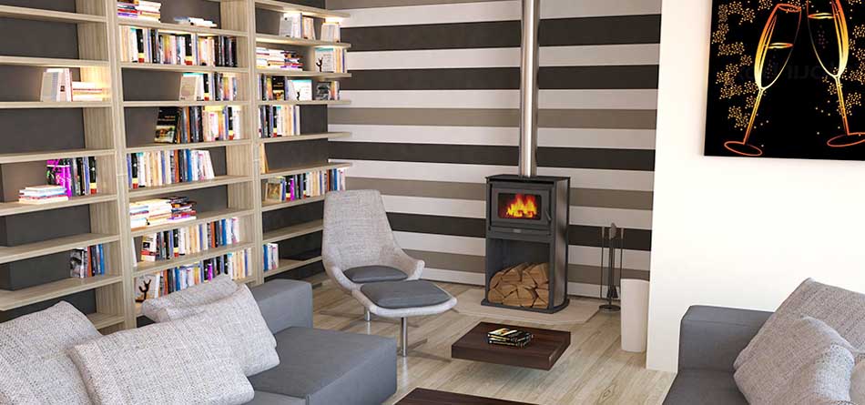 Kemlan Tempo fireplace adds warmth to a cosy library with sofa and chairs, among the best wood heaters for autumn