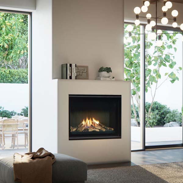A Real Flame Vektor 1100 fireplace in a stylish living room setting, providing warmth and ambiance