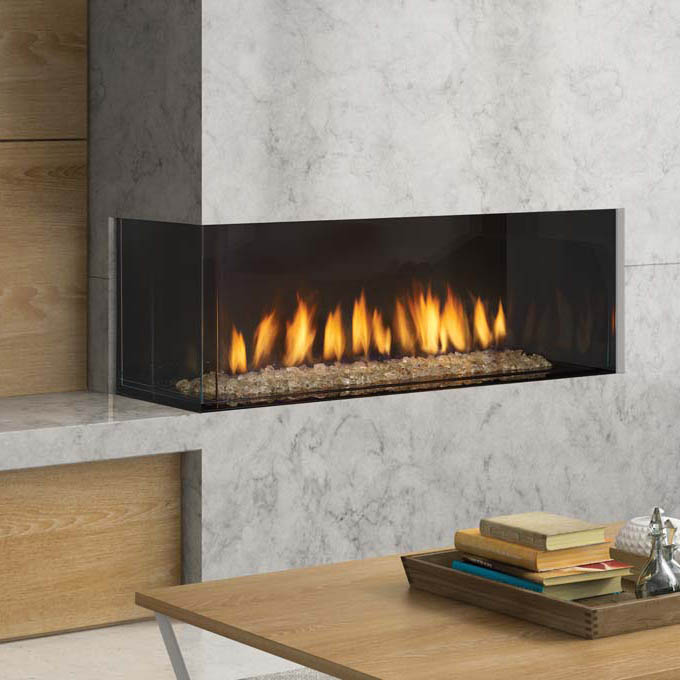 Modern Regency City Series Chicago Corner 40LE Gas Fireplace installed beside a wooden table