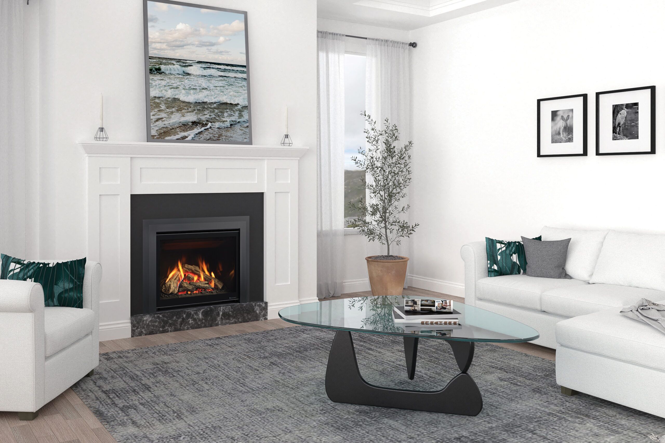 A cosy living room with a fireplace and white furniture, highlighting the Regency Greenfire™ Infusion GFI750 design
