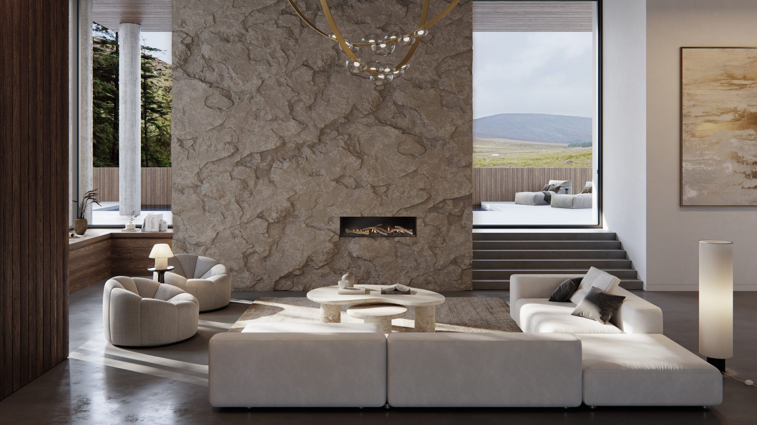 Warm living room with a Real Flame Nuvo 1200 Gas Fireplace and large windows allowing natural light