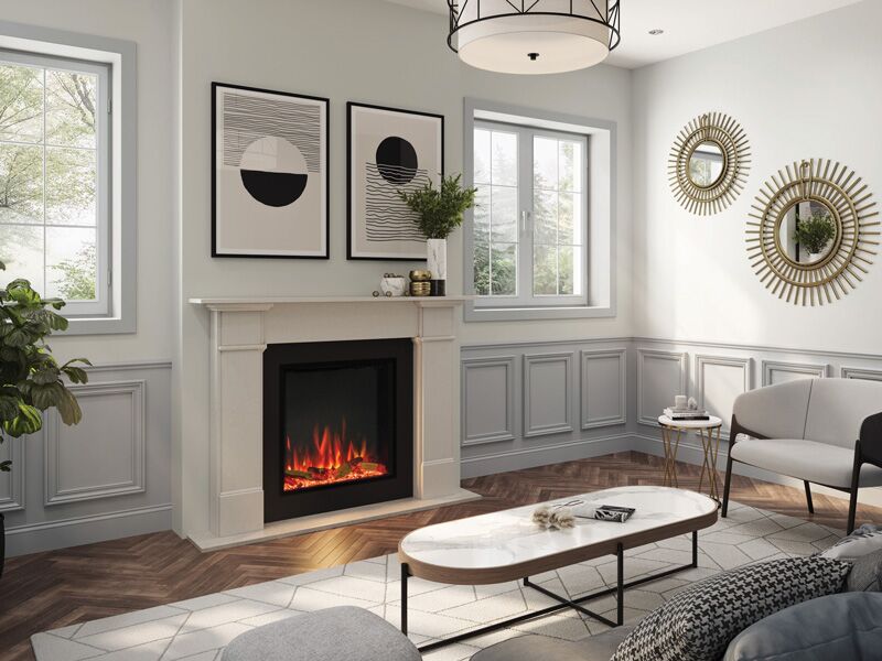 Regency eStudio ES60R Electric Fireplace installed in a modern living room with a stylish coffee table creating a warm, elegant atmosphere