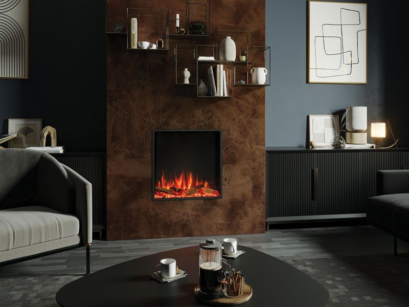 Stylish living room with a Regency eStudio ES60R Electric Fireplace installed beneath a wall-mounted TV and beside a modern coffee table