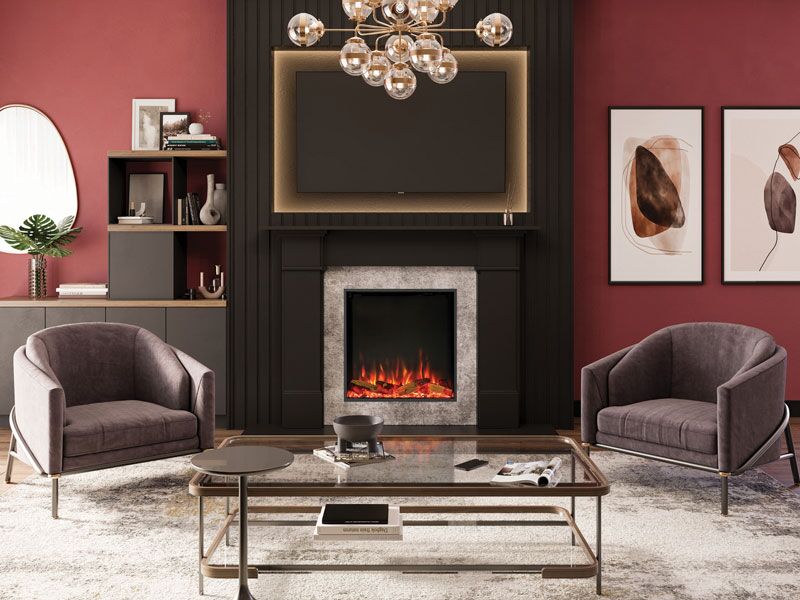 A cosy living room with two comfortable chairs and a Regency eStudio ES60R Electric Fireplace installed in the center of the wall