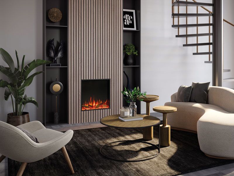 Modern living room with a Regency eStudio ES60R Electric Fireplace installed beneath a TV, complemented by a sleek sofa