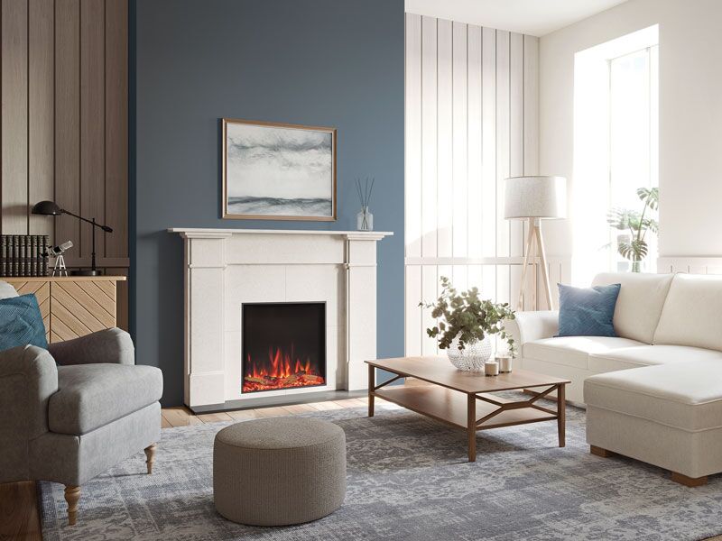 Contemporary living room with a Regency eStudio ES60R Electric Fireplace and wall-mounted TV, designed for warmth, comfort, and modern style